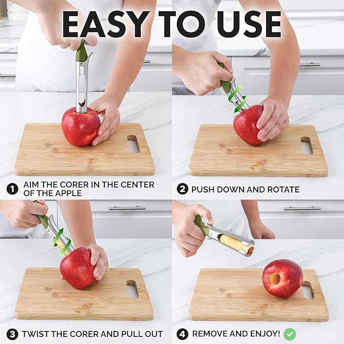 Zulay Kitchen Premium Apple Corer Tool - Ultra Sharp, Stainless Steel, Serrated Blades for Easy Coring - Easy to Use & Clean, Durable Apple Corer Remover for Baking Apples & More - Olive Green