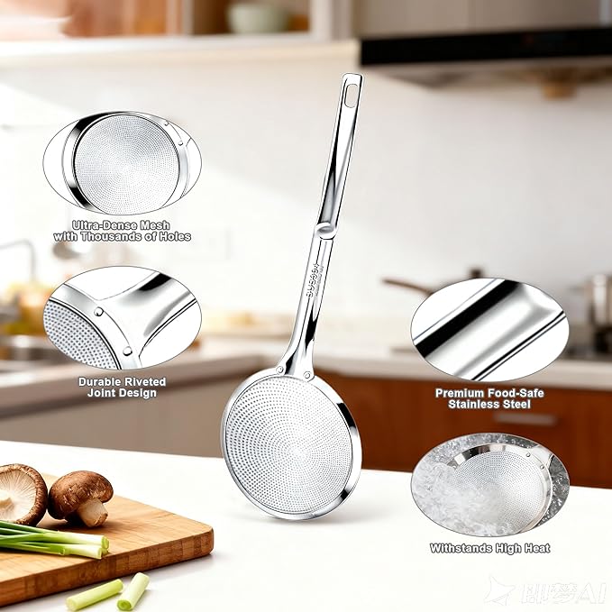 3 Pack Fine Mesh Skimmer Spoons, 304 Stainless Steel Strainer Ladles with Long Handles, Extra Fine Kitchen Sieves for Oil, Grease, Foam, Pasta, Seafood & Hot Pot Cooking