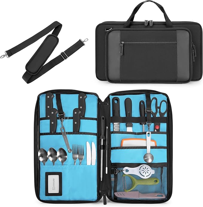 YARWO Chef Knife Bag with 20-Pockets, Professional Knife Sheath Storage Case with Shoulder Strap and Top Handle, Cooks & Culinary Tools Organizer Holder for Kitchen Travel Cooking Utensils (Bag Only)