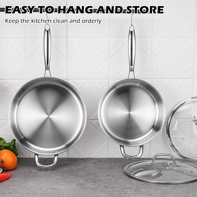 E-far 12 Inch Deep Frying Pan with Lid, 6 Quart Tri-Ply Stainless Steel Saute Pan, Kitchen Skillet, Healthy Non-toxic Cooking Pan for Induction Ceramic Gas Stoves, Heavy Duty, Oven & Dishwasher Safe