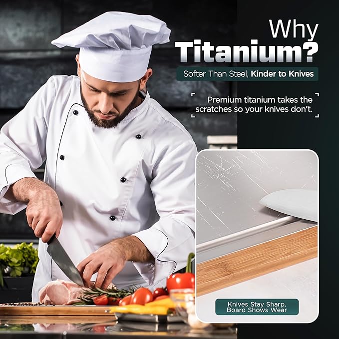KoruPeak Pure Titanium Cutting Board - Double-Sided Titanium Cutting Boards for Kitchen with Bamboo Side - Large 16"x12"