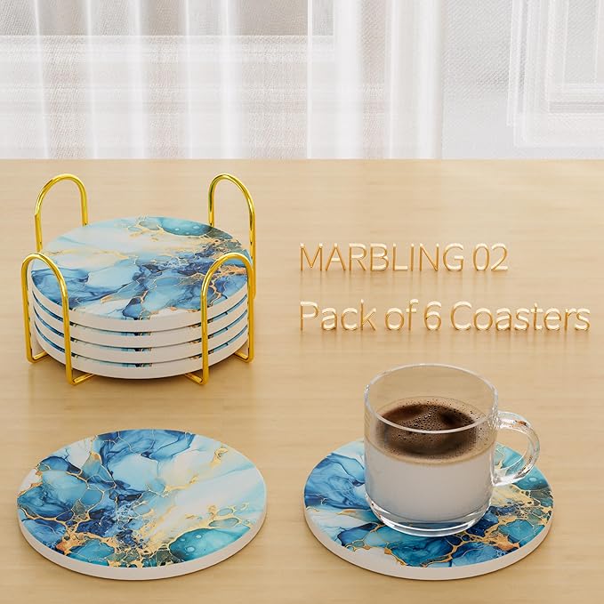6Pcs/Set Marble Abstract Ceramic Coasters with Holder, Absorbent Drink Coasters, Coffee Cup Coaster,Round Ceramic Table Coasters Set Decorative