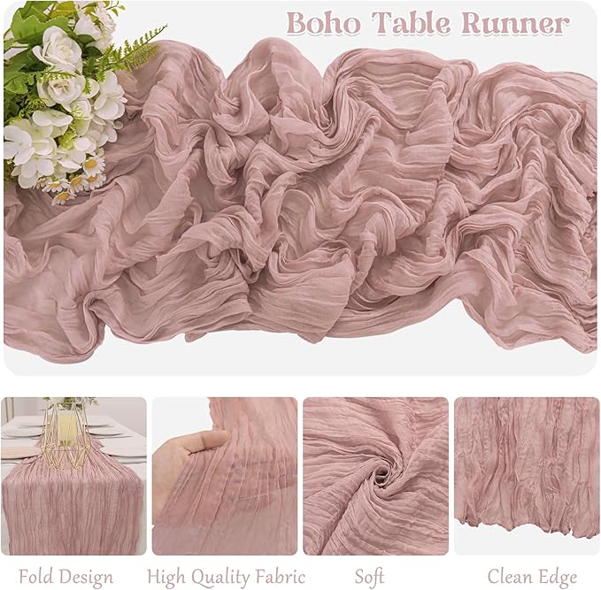 10 Pack Dusty Pink Cheesecloth Table Runner 10FT Boho Gauze Fabric Table Runner Vintage Rustic Sheer Runners for Wedding Party Bridal Baby Shower Long Table Decorations
