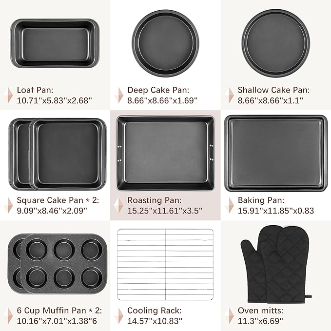 Funnydin 12PCS Nonstick Baking Pans Set - Stackable Bakeware Sets with Wider Grip, Carbon Steel Baking Set Including Cookie Sheets for Baking, Muffin Pan, Loaf Pan, Cake pan, Roasting Pan, Oven Mitts