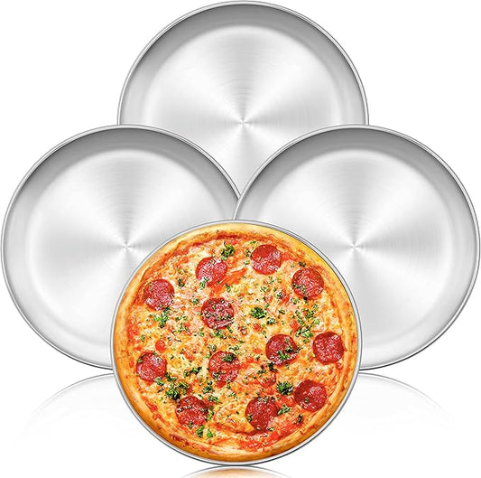 Herogo 13.5 Inch Stainless Steel Round Pizza Pan Plates Set of 4, Large Healthy Pizza Tray Platter for Oven Baking Serving, Dishwasher Safe