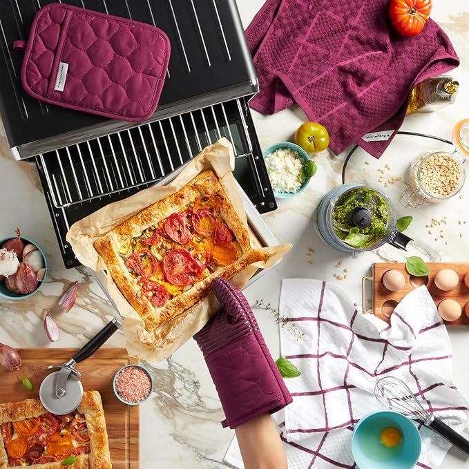 KitchenAid Quilted Cotton Terry Cloth Oven Mitt, Pot Holder, Kitchen Towel 4-Pack Set, Heat Resistant, Silicone Grip, Gift Set, Beet, 16"x26", 7"x13" & 7"x10"