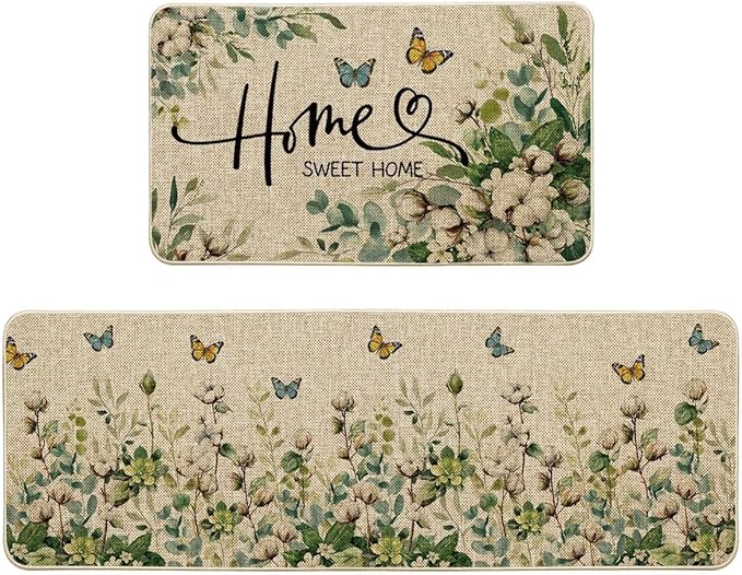 Artoid Mode Cotton Plant Leaf Butterfly Home Spring Kitchen Mats Set of 2, Home Decor Low-Profile Kitchen Rugs for Floor - 17x29 and 17x47 Inch