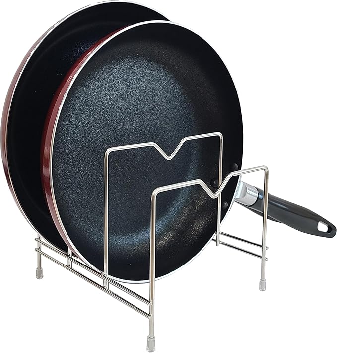 Pot Lid Organizer Cutting Board Holder Stainless Steel Rack Pan Chopping Board Dry Display Kitchen Storage Stand Bakeware Cookware Countertop Cabinet Included Drain Tray (2-Pack)