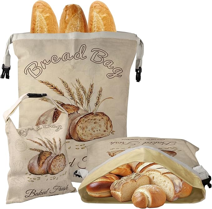 fufeisi Beeswax Bread Bags for Sourdough, 3 Pack Reusable Bread Bag for Storage - XL 17x13 Inch and 10x8 Inch, Large Linen Bags for Homemade Sourdough - Keep Fresh, Freezer Safe