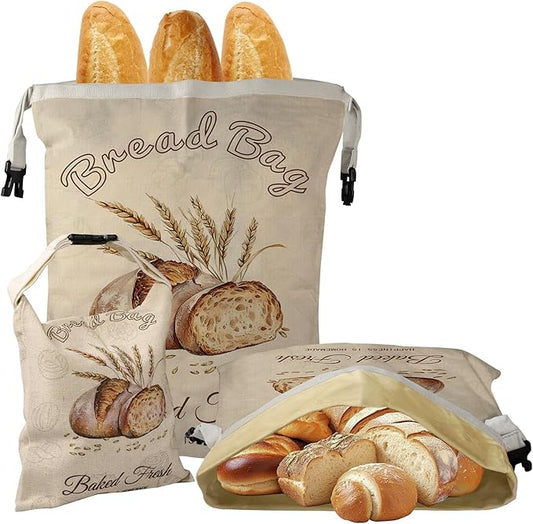 fufeisi Beeswax Bread Bags for Sourdough, 3 Pack Reusable Bread Bag for Storage - XL 17x13 Inch and 10x8 Inch, Large Linen Bags for Homemade Sourdough - Keep Fresh, Freezer Safe
