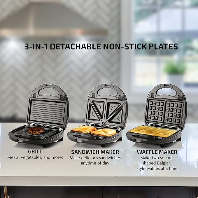 OVENTE Electric Sandwich, Panini and Waffle Maker Set with 3 Removable Non-Stick Plates, 750 Watts, Perfect for Grilled Cheese, Tuna Melts, Burgers, Steaks and Snacks, Black GPI202B