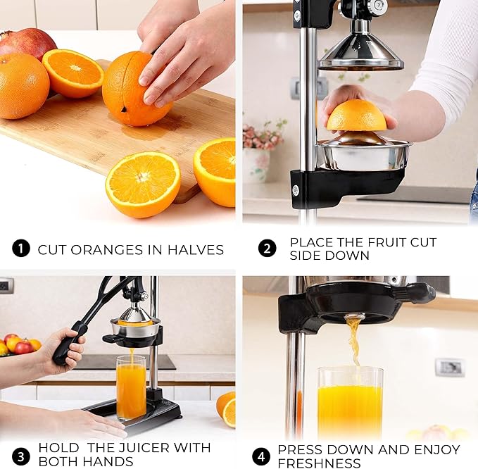 Zulay Kitchen 9 in 1 Cast Iron Juicer - Easy-to-Clean Heavy-Duty Manual Juicer with Presser Attachment to Juice All Types of Fruits! Extra Tall with Stainless Steel Bowl - Black