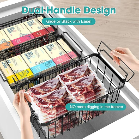 Freezer Organizer Bins, 2 Pack Expandable Stackable Hangable Chest Freezer Containers with Handles, Adjustable From 10.3" to 14.2" Storage Baskets for Fridge, Deep Freezer, Cabinet, Pantry, Kitchen