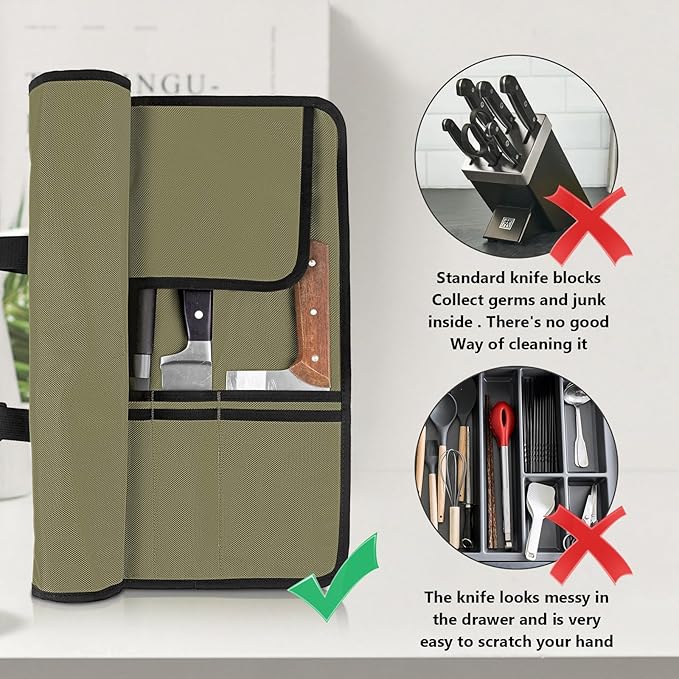 EHRGK Knife Roll,Heavy Duty Knife Bag,Oxford Knife Case with 20 Slots for Knives & Kitchen Tools,Chef Knife Bag,Knife Roll Bag, Knife Pouch Wrap for Chefs Culinary Traveling (Army Green)