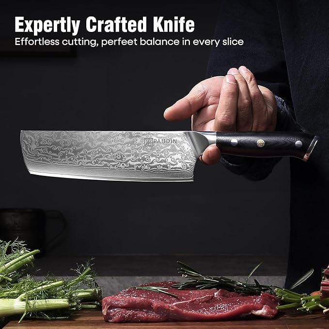 PAUDIN Nakiri Knife 7'', Damascus Chef Knife, Japanese VG-10 Stainless Steel, Kitchen Knife with G10 Full Tang Handle, Razor Sharp 67-Layer Forged Blade