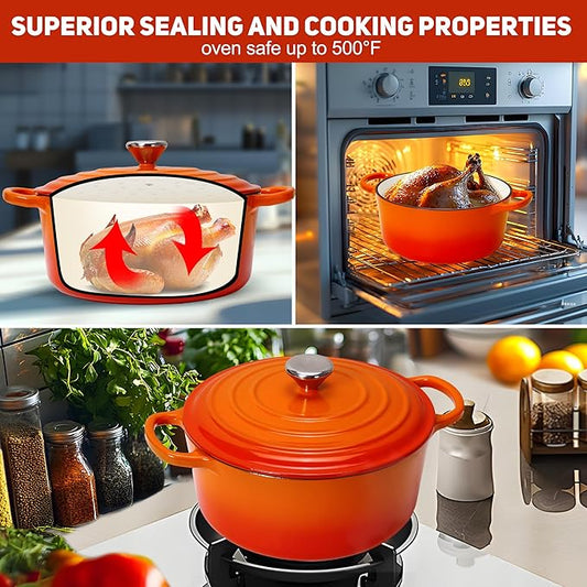 LEADKooKers 5QT Enameled Cast Iron Bread Oven with Proofing Basket for Bread Baking, Bread Making Supplies Tools,Heavy-Duty Cookware for Braising, Stews, Roasting, Bread Baking (Orange)