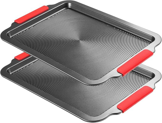Biubumtu Baking Pans Set with Circle Grooves, 2-Piece 16x11in Nonstick Cookie Sheets for Baking & Roasting, Baking Sheet with Red Grips, PFAS/PTFE Free,Gray