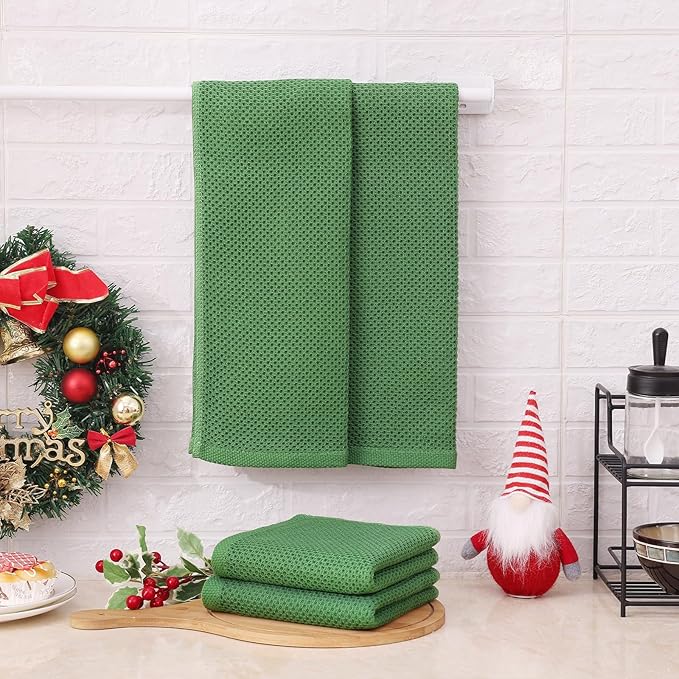 Kitinjoy 100% Cotton Waffle Weave Kitchen Towels, 6-Pack Super Soft and Absorbent Dish Towels for Drying Dishes, Kitchen Hand Towels, 13 in x 28 in, Grass Green