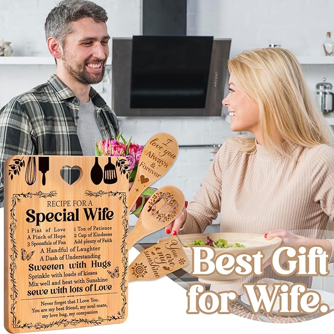 Valentine Day Gifts for Wife - "Recipe for a Special Wife" Valentine's Day Gifts for Her Cutting Board Set, Bamboo-Made Engraved Utensil Set Gifts for Wife