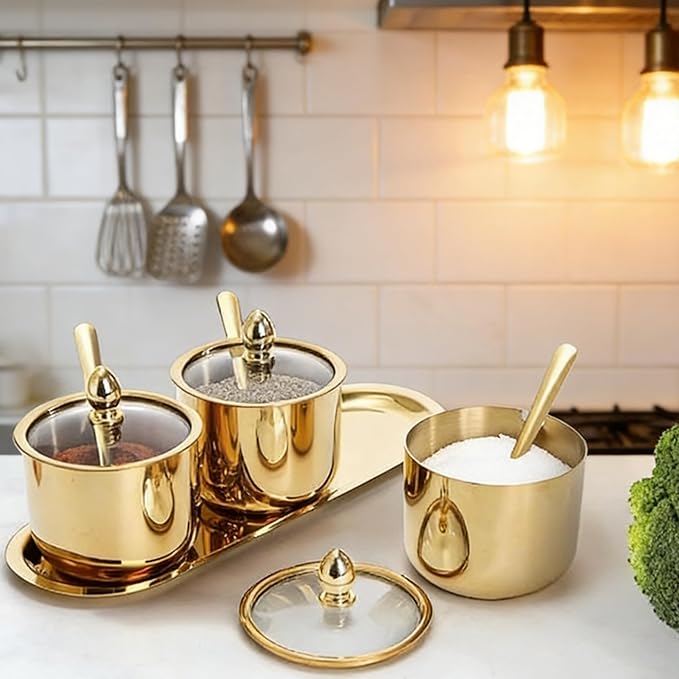 Sugar Bowl Set - 3 Grid Condiment Jars with Glass Lids & Spoon、Reusable Stainless Steel Canisters with Tray for Sugar, Spice, Salt - Stylish Kitchen Storage Containers
