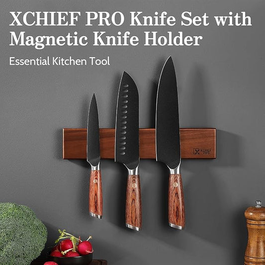 Kitchen Knife Set with Magnetic Holder, 4 Pieces Japanese High Carbon Stainless Steel Chef Cooking Knife Set, Ultra Sharp Professional Chef Santoku Utility Knives (Black)