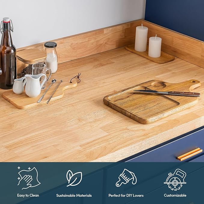 36''L x 25''W x 1.5''Th Hevea Solid Wood Butcher Block Countertop, Butcher Block Table Top for DIY Washer Dryer/Island/Kitchen Countertop (Unfinished)