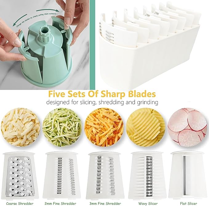 5-in-1 Rotary Cheese Grater Vegetable Slicer, 5 Interchangeable Blades Food Shredder with Anti-Slip Reinforced Suction Base, Kitchen Mandoline Chopper with Blade Storage Box (White)