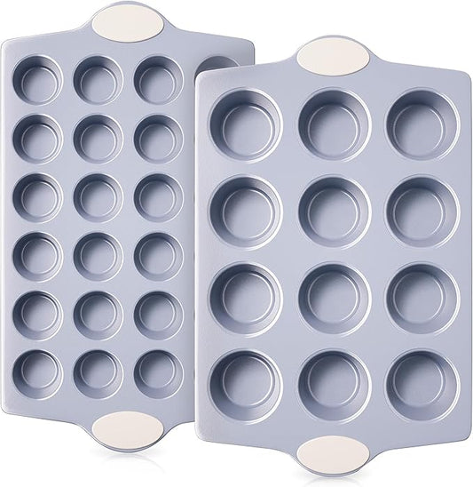 BRONYPRO 2-Pack 12 Cup and Mini 24 Cup Non Toxic Nonstick Ceramic Muffin Pan & Cupcake Tin, PFOA & PTFE Free, Heavy Duty Rust-Resistant Aluminized Steel, Oven & Dishwasher Safe, Cream White