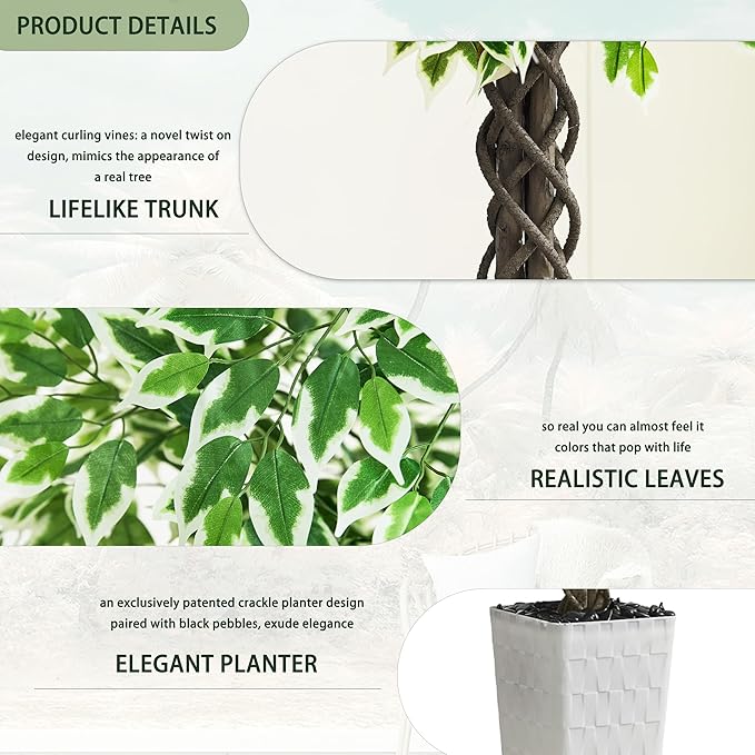 Artificial Ficus Tree Indoor 7FT Fake Plants Large Artificial Plant with Crack White Tall Planter, Green Lifelike Lush Fake Ficus Tree for Home Living Room Bedroom Outdoor Balcony House Office Decor