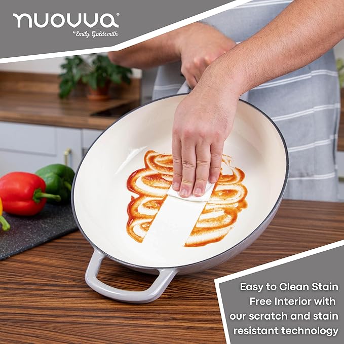 Cast Iron Dutch Oven with Lid – Non Stick Shallow Dutch Oven Pot, Oven Safe up to 500° F – Sturdy Cooking Pot – Enamelled Stockpot Cookware – Gray, 3.7-Quart, 30cm – by Nuovva