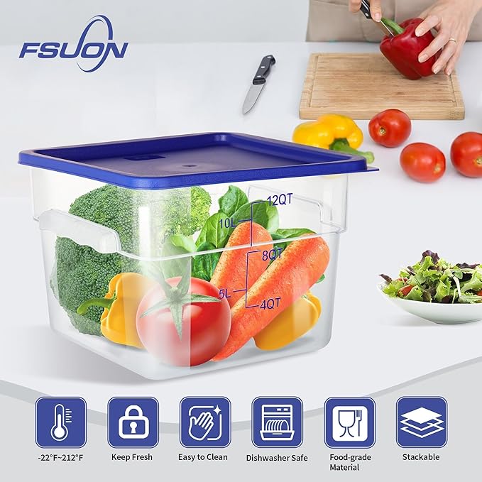 FSUON 4 Pack Clear Food Storage Containers with Lids and Handles Polycarbonate Square Commercial Food Containers, NSF (12Qt)