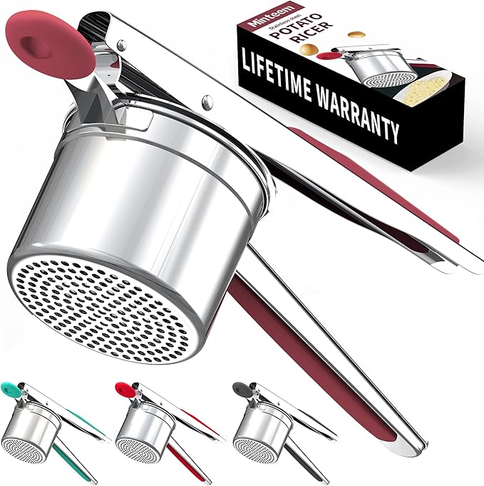Large 15oz Potato Ricer for Mashed Potatoes, Heavy Duty 18/8 Stainless Steel Potato Masher for Baby Food & Spaetzle Maker, Masher and Ricer Kitchen Tool, Press and Mash Kitchen Gadget, Red