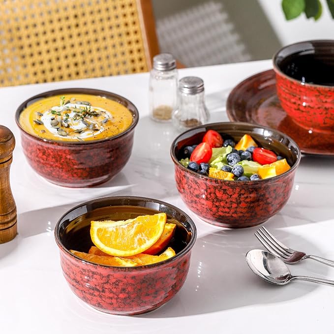 MEKY 20OZ Soup Bowls, Ceramic Cereal Bowls Set of 6, Perfect for Oatmeal Desserts Salads Rice Pasta Breakfast,Stackable Serving Bowls for Daily Meals Party Gifting, Microwave & Dishwasher Safe, Red