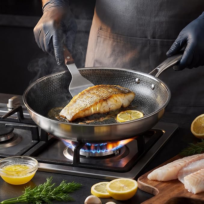 KC-Emier 10 Inch Non-Stick Frying Pan Tri-Ply Stainless Steel Pan with Stay-Cool Handle Oven & Dishwasher Safe For Induction, Ceramic & Gas Stovetops