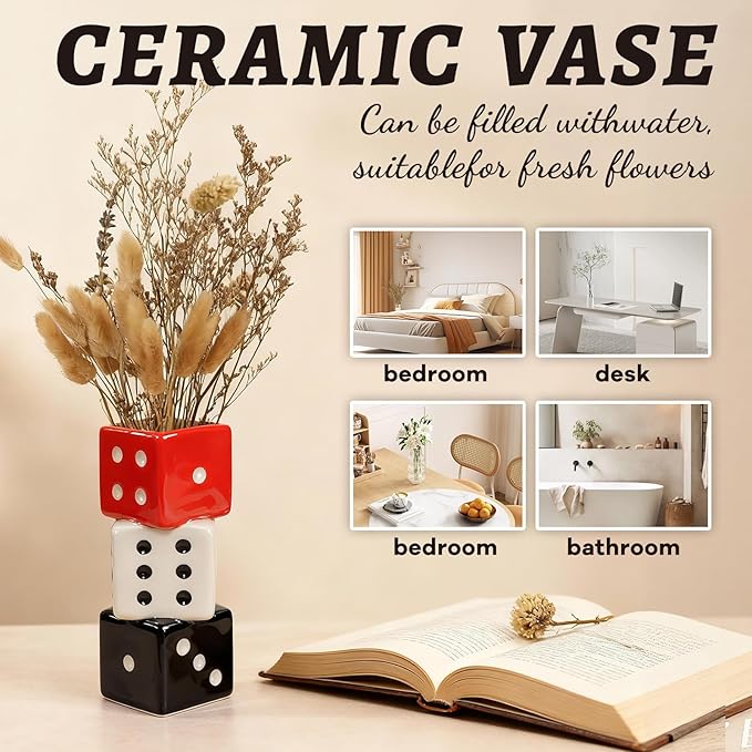 Triple Dice Vase - Unique Ceramic Small Vase with Wide Mouth | Modern Decorative Flower Vase for Living Room | Perfect for Fresh,Pampas Grass,Roses & Utensils | Ideal Gift for Art Enthusiasts