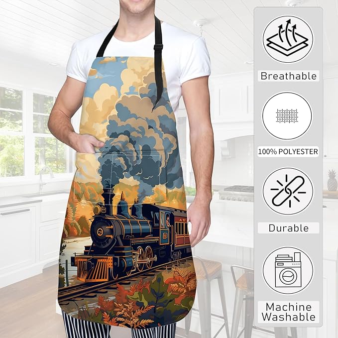 Vintage Train Apron Retro Steam Engine in Autumn Landscape Aprons Waterproof Oxford Polyester Adjustable Pockets Design for Cooking Decor, Gifts for Travel Enthusiasts Railway, 28x33 Inch