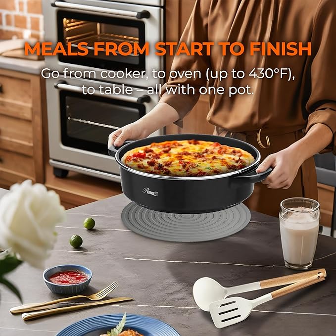 Rosewill 12.7 QT Electric Hot Pot Slow Cooker with Multiple Functions, Split Design with 11.8 inch Wider Cooking Pot and SUS Steam Basket, 1600W High Power, Includes Utensils - Black