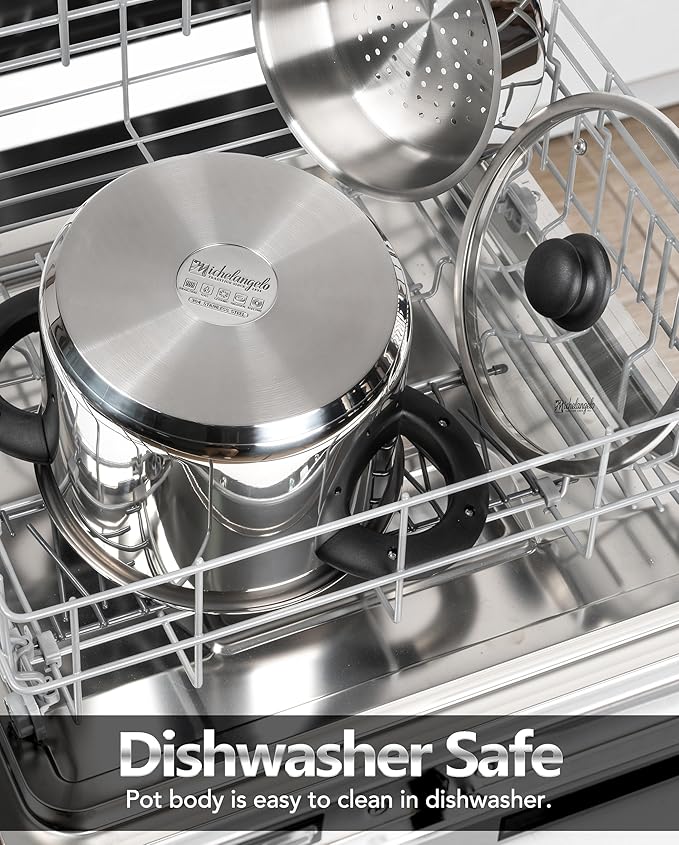 MICHELANGELO Stainless Steel Pressure Cooker 6.3 Quart, 3-in-1 Olla de Presion, One-Hand Locking System, Induction Compatible, with Glass Lid & Steamer