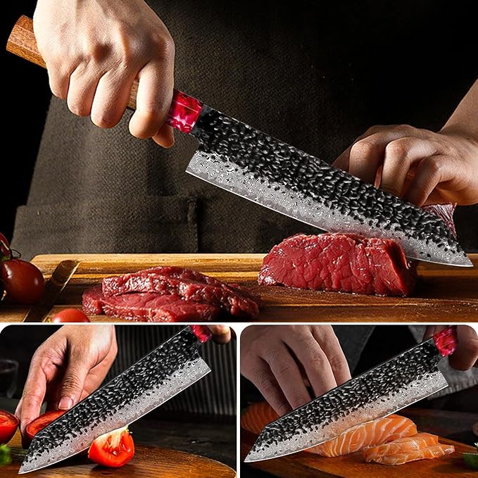 COOKLET'S Kitchen Knife, 8 Inch Damascus Sharp Kiritsuke Knife, Professional Japanese VG10 Steel Core Chef Knife, G10 Ergonomic Color Wooden Handle with Luxury Gift Box for Home