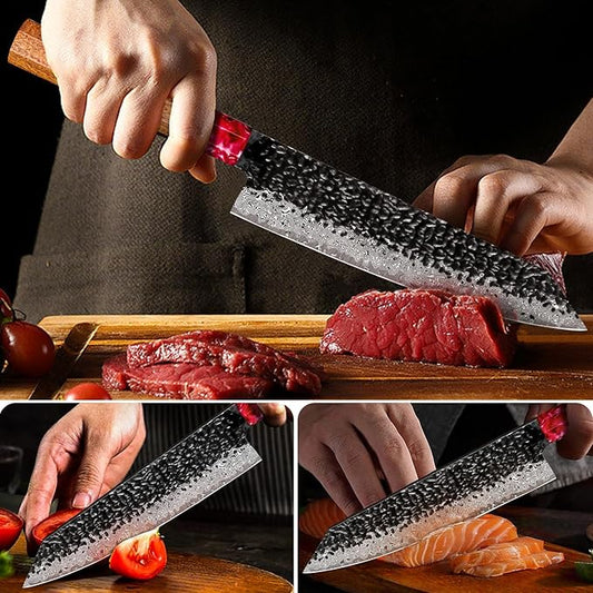 COOKLET'S Kitchen Knife, 8 Inch Damascus Sharp Kiritsuke Knife, Professional Japanese VG10 Steel Core Chef Knife, G10 Ergonomic Color Wooden Handle with Luxury Gift Box for Home