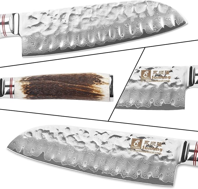 SUNLONG Damascus Santoku Knife 7 Inch Professional Chef Knife - Japanese 67 Layers High Carbon Damascus Steel - Ergonomic Antler Handle