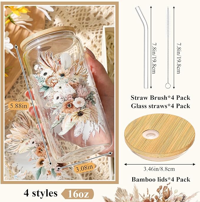 Mumufy 4 Pack Boho Floral Glass Tumbler Gift Set for Bridesmaid Gifts and Bridal Showers Soft Brown Spring Style Glass Cups