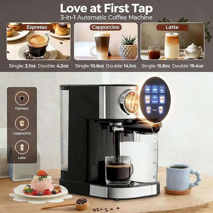 Electactic 20 Bar Professional Compact Espresso Cappuccino Machine with Touch Screen & Auto Milk Frother, Stainless Steel Coffee Maker for Cappuccino, Latte