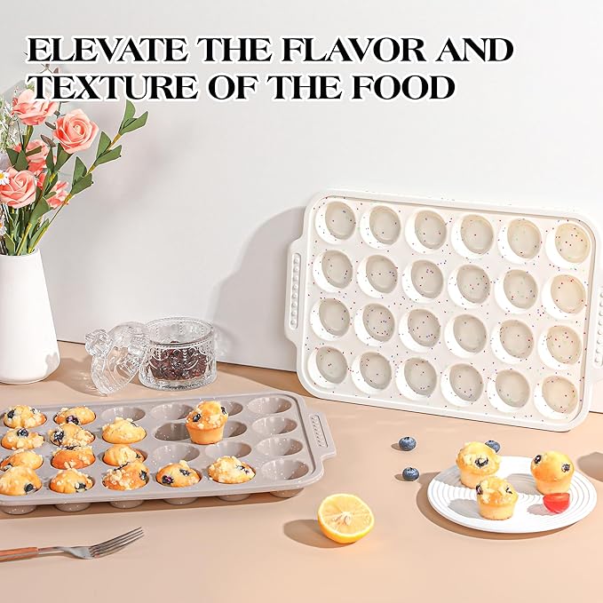 AOTASO 1 Pc Silicone Muffin Pans for Baking with Metal Reinforced Frame, Nonstick Cupcake Tray for Oven, 24 Cups Mini Size Silicone Molds for Egg Bites, Dishwasher Safe (Brown)