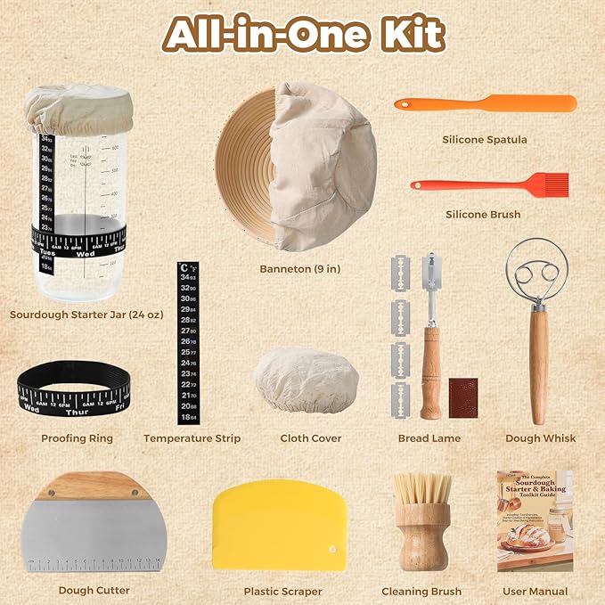 Complete Bread Proofing Basket Kit | All-in-One Set with Banneton(9 in), Sourdough Starter Jar Kit, Bread Lame, Dough Scraper, Whisk, Cutter & Tools