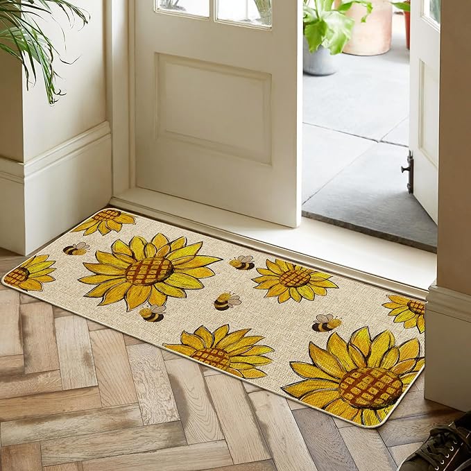Sunflower Spring Kitchen Mats for Floor Set of 2, Sunshine Flower Summer Floor Mats, Non Slip Rubber Backing Kitchen Floor Mat and Rug Set for Kitchen Sink, Office, Laundry