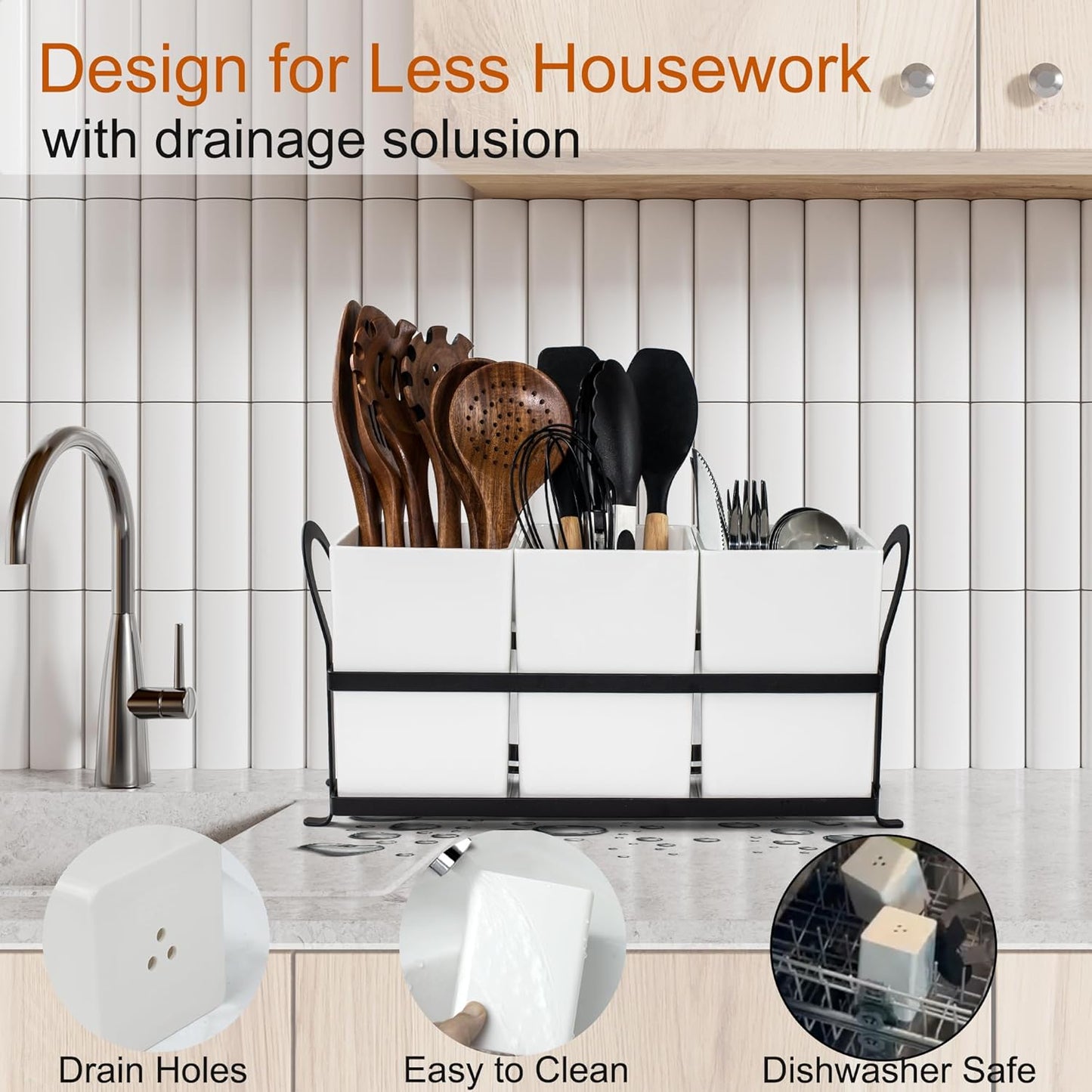 Large Kitchen Utensil Holder, Drainage Utensil Caddy for Countertop, 3pcs Bins Set Cooking Utensil Organizer for Spoons, Spatulas, White