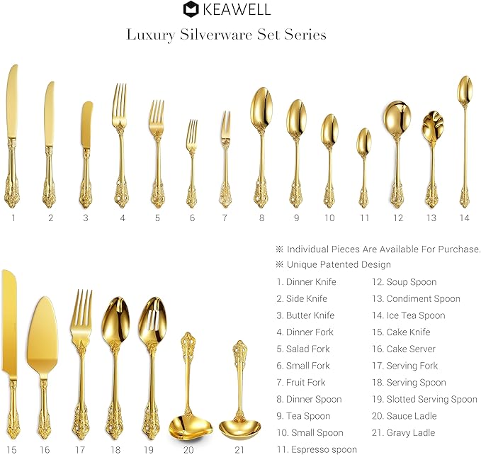 KEAWELL Gorgeous Dinner Knife, Set of 4, 18/10 Stainless Steel, Mirror Polished, Luxury Dinner Knife Set. (Gold)