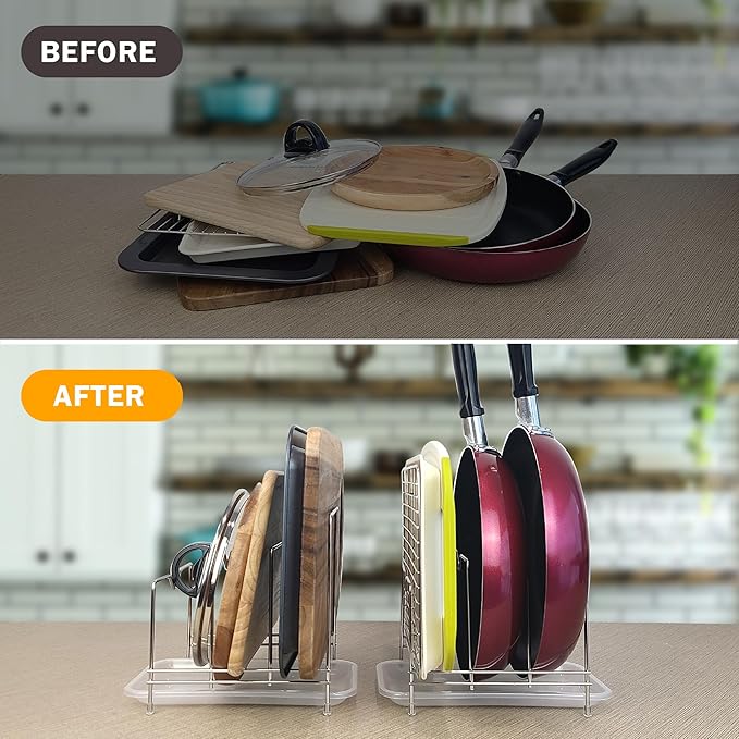 Pot Lid Organizer Cutting Board Holder Stainless Steel Rack Pan Chopping Board Dry Display Kitchen Storage Stand Bakeware Cookware Countertop Cabinet Included Drain Tray (2-Pack)