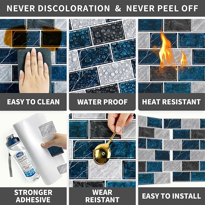 URCOLOR 10-Sheet Backsplash Tile for Kitchen Peel and Stick,12"x12" Self Adhesive Wall Tiles Stick on Back Splashes for Bathroom Blue Marble Look